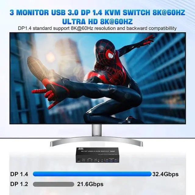 Alt view image 3 of 4 - 8K USB 3.0 KVM Switch 3 Monitors 4 Computers, DP 1.4 Triple Monitor with Audio Microphone Output and 3 USB 3.0 Ports(EU Plug Adapter)