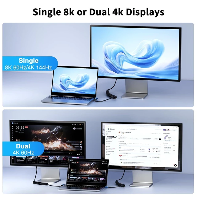 Alt view image 4 of 7 - Right-Angle Thunderbolt 4 Coiled Cable 2-Pack, 3.3FT 40Gbps, 240W, 8K@60Hz/4K@144Hz for iPhone 17/16/15, Galaxy, Mac mini M4, eGPU, Car Chargers, CarPlay, Tethering (Straight to Angled)