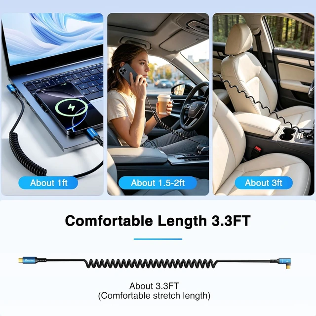 Alt view image 6 of 7 - Right-Angle Thunderbolt 4 Coiled Cable 2-Pack, 3.3FT 40Gbps, 240W, 8K@60Hz/4K@144Hz for iPhone 17/16/15, Galaxy, Mac mini M4, eGPU, Car Chargers, CarPlay, Tethering (Straight to Angled)