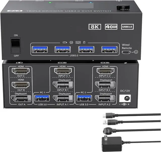 Main image of 2HDMI + Displayport KVM Switch 3 Monitors 2 Computers 8K@60Hz 4K@144Hz,Triple Monitor KVM Switch for 2 Computers Share 3 Monitor(with UK Plug)