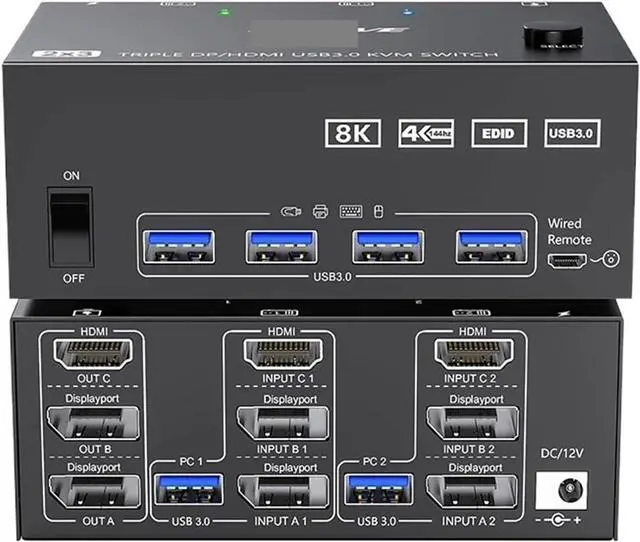 Main image of 8K USB 3.0 KVM Switcher,2 Input 3 Output 3 Monitors 2 Computers Switch Support 8K@30Hz 4K@144Hz USB 3.0 Displayport for 2 PC(EU Power Plug)