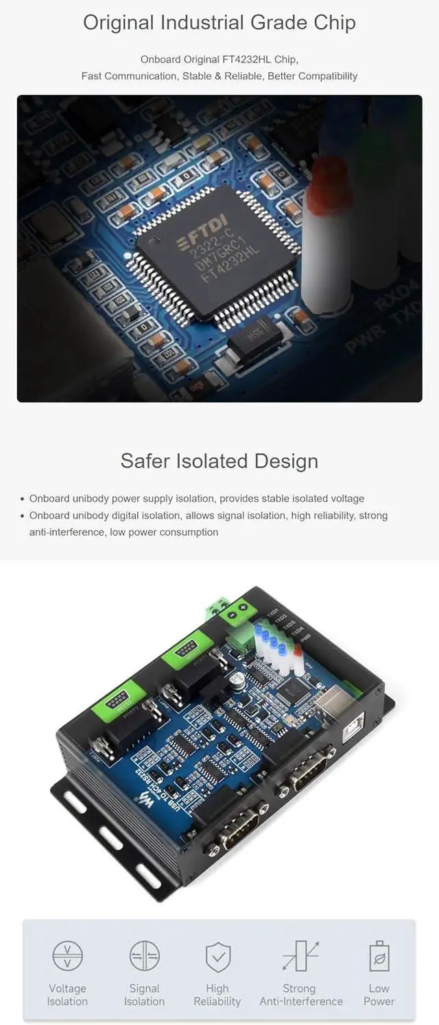 Alt view image 4 of 7 - Industrial Isolated USB to 4CH RS232 Converter (DB9 Male Interface) Adopts Original FT4232HL Chip Compatible with Multi-OS Mac/Linux/Android/Windows (USB to 4CH RS232)