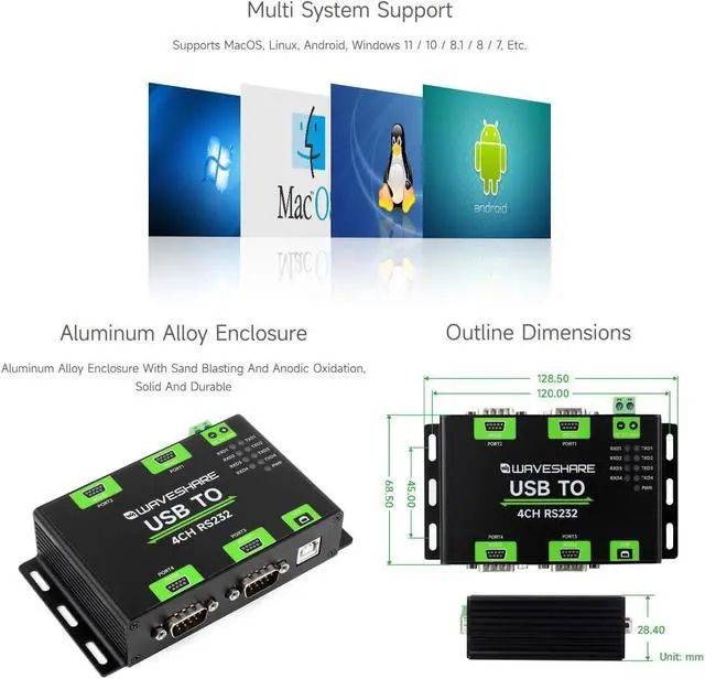 Alt view image 7 of 7 - Industrial Isolated USB to 4CH RS232 Converter (DB9 Male Interface) Adopts Original FT4232HL Chip Compatible with Multi-OS Mac/Linux/Android/Windows (USB to 4CH RS232)