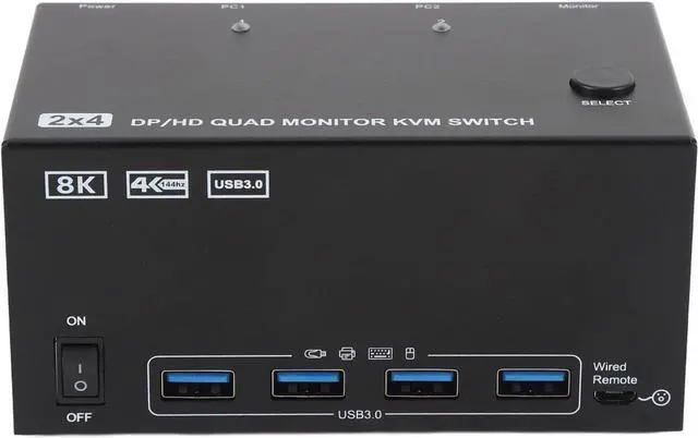 Main image of KVM Switch, 4 Monitors 2 Computers DisplayPort 8K 60Hz 4K 144Hz, with 4 USB 3.0 Ports, for OS X Unix (US Plug)