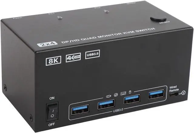 Alt view image 2 of 7 - KVM Switch, 4 Monitors 2 Computers DisplayPort 8K 60Hz 4K 144Hz, with 4 USB 3.0 Ports, for OS X Unix (US Plug)