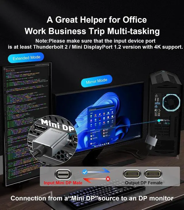 Alt view image 3 of 7 - Mini DisplayPort to Dual DisplayPort MST Hub, Mini DP 1.2 to 2X DP 4K@60Hz Splitter Adapter, Thunderbolt 2 Extended Dual Monitor Support for Windows PC, MacBook, Surface