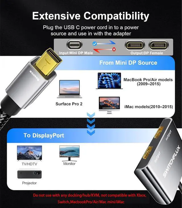 Alt view image 7 of 7 - Mini DisplayPort to Dual DisplayPort MST Hub, Mini DP 1.2 to 2X DP 4K@60Hz Splitter Adapter, Thunderbolt 2 Extended Dual Monitor Support for Windows PC, MacBook, Surface
