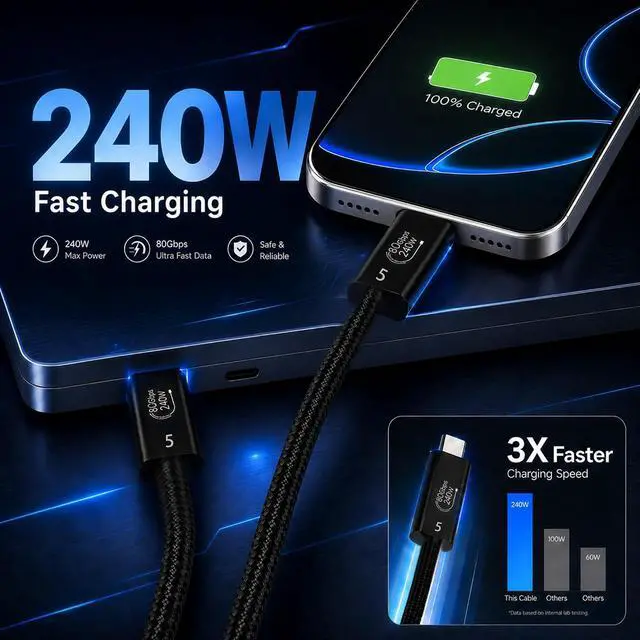 Alt view image 2 of 7 - 80Gbps USB4 Cable for Thunderbolt 5, 9.8FT USB C to USB C Braided Cable, 240W PD3.1 Fast Charging, Up to 120Gbps Bandwidth, 16K/8K Display, Compatible with Thunderbolt 4/3, MacBook, SSD, Monitor, eGPU