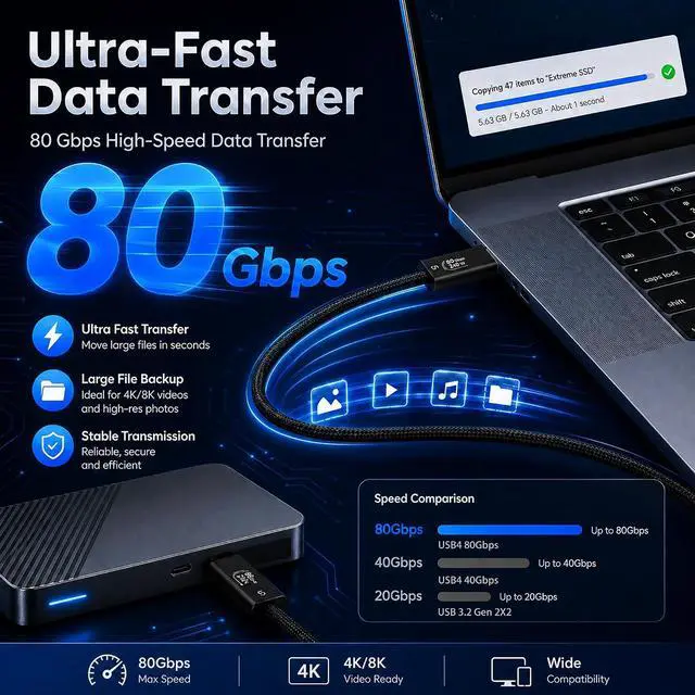 Alt view image 3 of 7 - 80Gbps USB4 Cable for Thunderbolt 5, 9.8FT USB C to USB C Braided Cable, 240W PD3.1 Fast Charging, Up to 120Gbps Bandwidth, 16K/8K Display, Compatible with Thunderbolt 4/3, MacBook, SSD, Monitor, eGPU