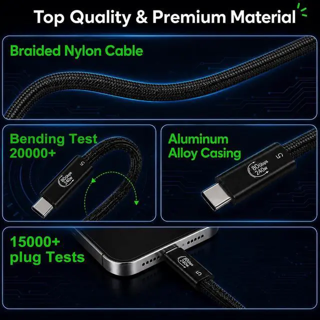 Alt view image 5 of 7 - 80Gbps USB4 Cable for Thunderbolt 5, 9.8FT USB C to USB C Braided Cable, 240W PD3.1 Fast Charging, Up to 120Gbps Bandwidth, 16K/8K Display, Compatible with Thunderbolt 4/3, MacBook, SSD, Monitor, eGPU