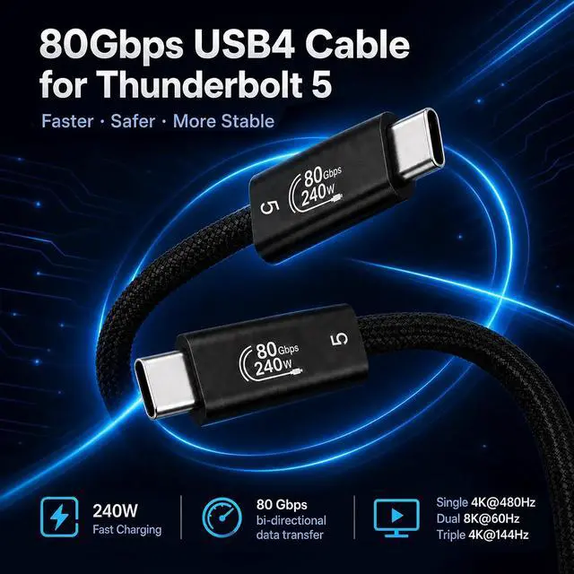 Alt view image 6 of 7 - 80Gbps USB4 Cable for Thunderbolt 5, 9.8FT USB C to USB C Braided Cable, 240W PD3.1 Fast Charging, Up to 120Gbps Bandwidth, 16K/8K Display, Compatible with Thunderbolt 4/3, MacBook, SSD, Monitor, eGPU