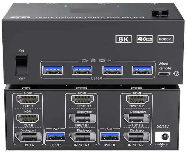 Main image of KVM Switch 3 Monitors 2 Computers 8K@60Hz 4K@144Hz 2 Displayport HDMI USB 3.0 KVM Switch Triple Monitor with 4 USB Port(AU Plug)