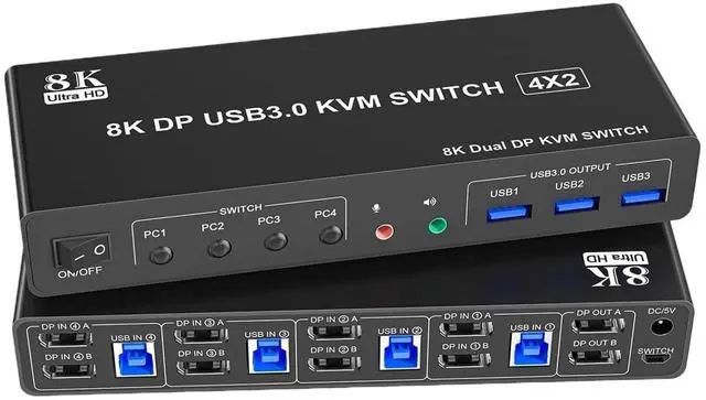 Main image of 8K@60Hz Displayport USB3.0 KVM Switch 2 Monitor for 4 Computer, DP1.4 Switch 4 Port with Audio Microphone Output 3 USB 3.0 Ports(EU Power Adapter)