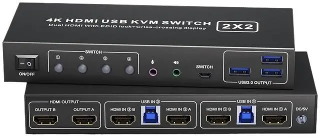 Main image of USB 3.0 HDMI KVM Switch 2 Monitors 2 Computers 4K@60Hz,Supports,Switch Dual Monitor with Audio&Microphone & 3 USB 3.0 Port(AU Power Adapter)