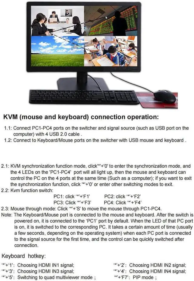 Alt view image 7 of 7 - 4K @ 60HZ 4 Ports KVM Switch HDMI Multi-Viewer Seamless Switch 4X1 HDMI Quad Screen Real Time Multiviewer Support Mouse Through Mode