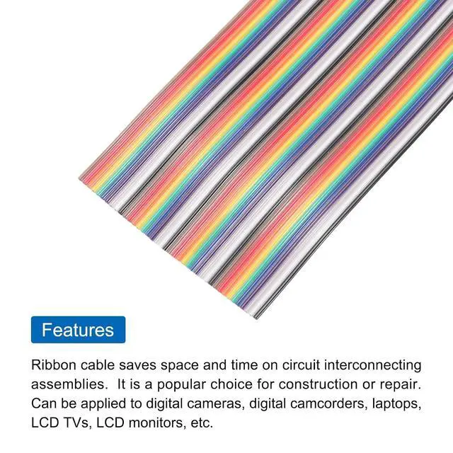 Alt view image 4 of 5 - MECCANIXITY 1 Pcs 40 Pin Flat Rainbow Ribbon Cable 30 Ft 1.27mm Pitch Breadboard Jumper Wires for Electronic Projects