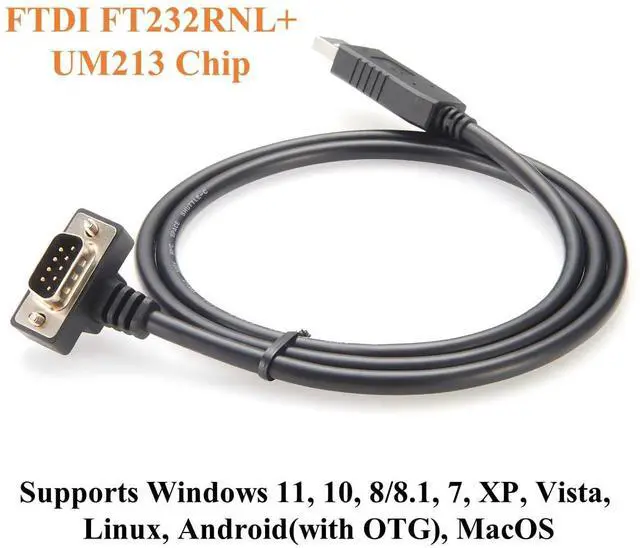 Alt view image 3 of 7 - 90 Degree Low Profile USB 2.0 to DB9 RS232 Serial Converter Cable with FTDI FT232RNL Slim Compact DB9 Male to USB Male COM Port Connector for Windows XP/7/8/10/11/Vista Linux (4Pin Up, 1M/3.28FT)