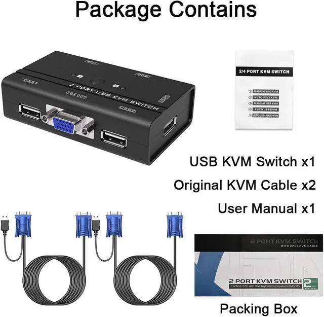 Alt view image 5 of 6 - USB VGA KVM Switch with Cables, 2 Computers 1 Monitor Switch, 2 Port USB VGA KVM Switch Box 2 Computers Sharing 1 Monitor and 3 USB Devices, Keyboard, Mouse, Scanner, Printer