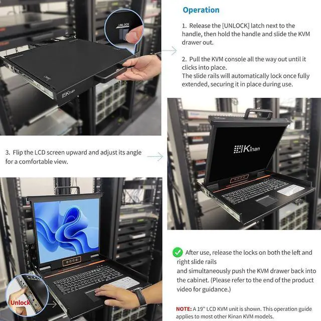 Alt view image 6 of 7 - Rack Mount KVM Console - 1U Rack Mounted 17" LCD Drawer with Monitor and Keyboard, Single Port VGA, 50,000 MTBF, Includes 1 USB VGA KVM Cable,1 Power Cord, 2 Brackets, Upgraded