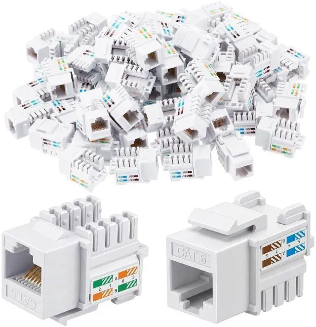 Main image of Hoteam 125 Pcs Cat6 Keystone Jacks, Rj45 Ethernet Modular Coupler Punch Down Insert, 90-Degree UTP Connector for Wall Plate, Panel and Surface Mount Box (White)