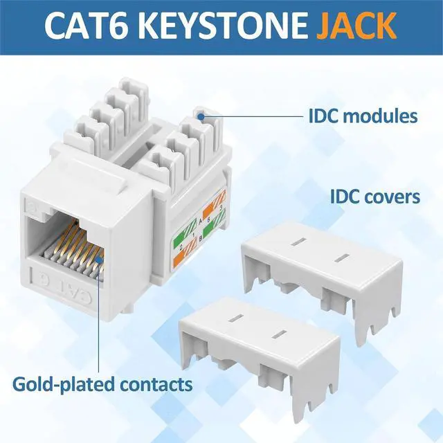 Alt view image 4 of 6 - Hoteam 125 Pcs Cat6 Keystone Jacks, Rj45 Ethernet Modular Coupler Punch Down Insert, 90-Degree UTP Connector for Wall Plate, Panel and Surface Mount Box (White)