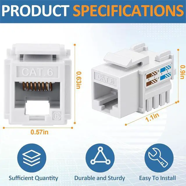 Alt view image 2 of 6 - Hoteam 125 Pcs Cat6 Keystone Jacks, Rj45 Ethernet Modular Coupler Punch Down Insert, 90-Degree UTP Connector for Wall Plate, Panel and Surface Mount Box (White)