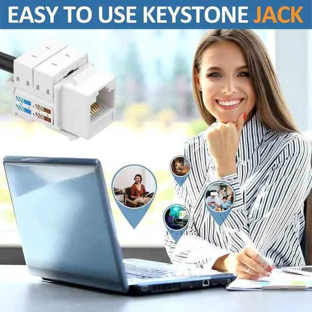 Alt view image 6 of 6 - Hoteam 125 Pcs Cat6 Keystone Jacks, Rj45 Ethernet Modular Coupler Punch Down Insert, 90-Degree UTP Connector for Wall Plate, Panel and Surface Mount Box (White)