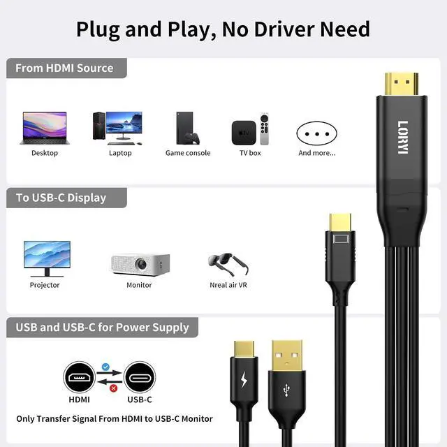 Alt view image 6 of 7 - HDMI to Type-C Cable Black,4K@60Hz, 8.2ft, USB-C Powered, HDMI to USB Type-C, for Xreal Nreal Air, Mobile Monitors, XREAL Beam, Touch Functionality,Switch, Steam Deck,PS5Studio Display