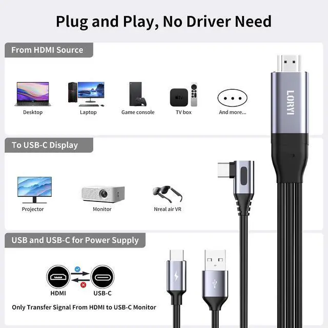 Alt view image 7 of 7 - 90 Degree HDMI to USB C Cable 8.2ft 4K@60Hz, Support Touch, HDMI to Type C Converter Cord(Male to Male), Compatible with Xreal Air, Nreal Air, Steam Deck Dock, PS5, Xbox, Portable Monitor