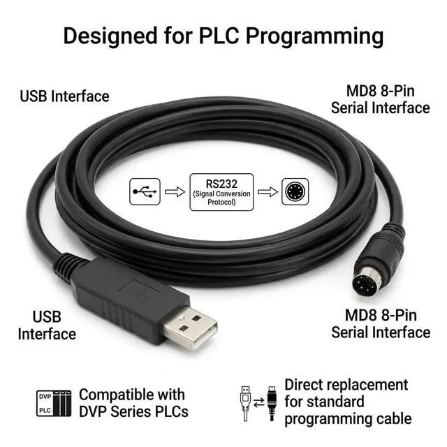 Alt view image 3 of 5 - USB to MD8 Round 8-Pin Cable for Delta PLC DVP-CAB, 1.8m Programming Communication Line