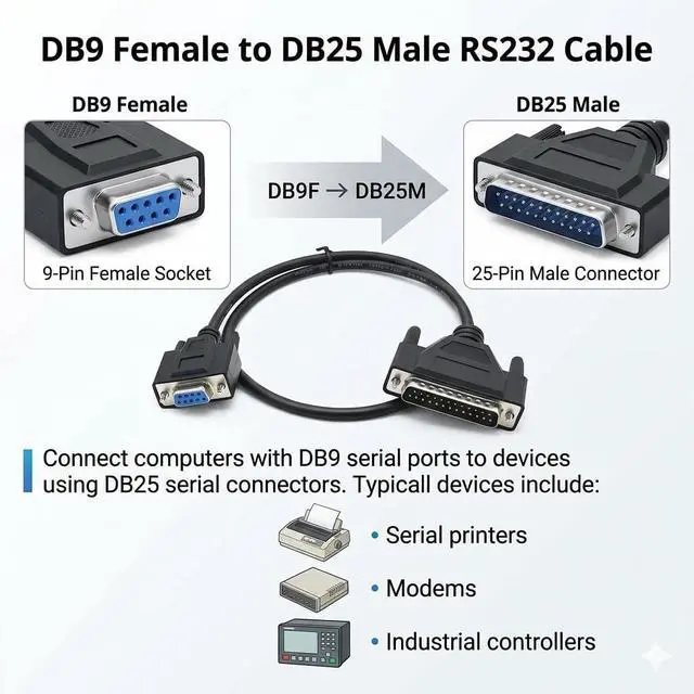 Alt view image 3 of 5 - DB9 Female to DB25 Male Double Shielded RS232 Serial Cable 1 Meters for Printer Connection