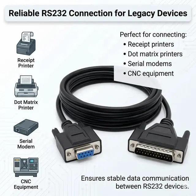 Alt view image 4 of 5 - DB9 Female to DB25 Male Double Shielded RS232 Serial Cable 1 Meters for Printer Connection