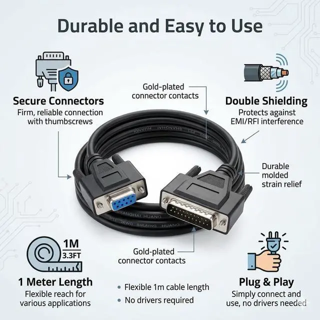 Alt view image 5 of 5 - DB9 Female to DB25 Male Double Shielded RS232 Serial Cable 1 Meters for Printer Connection