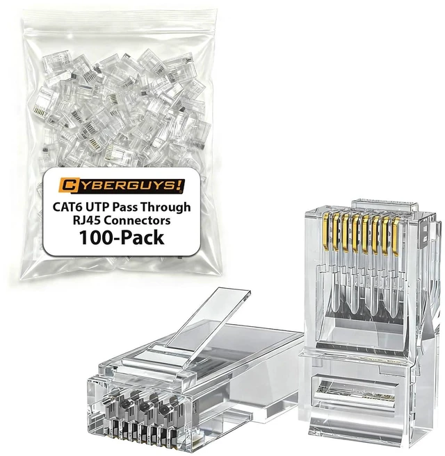 Main image of Cyberguys CAT6 UTP Pass Through RJ45 Connectors 100-Pack Gold-Plated 50 8P8C Modular Plugs, Supports 2425AWG Ethernet Cables, 10Gbps High-Speed Network Ends, Easy Install with Crimp Tools 100-Pack