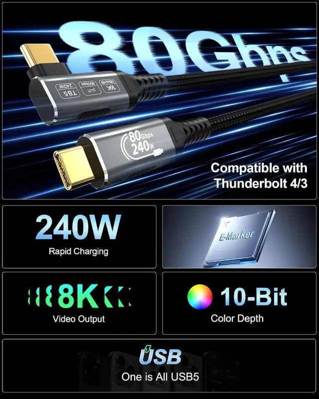 Alt view image 2 of 7 - 80Gbps Right Angle USB 4 Cable for Thunderbolt 5 Cable 6.6FT, 240W Charging, Up to 120Gbps Bandwidth for 16K/Dual 8K, Braided USB C to USB C Cable for Thunderbolt 4, Macbook Pro, iPhone 17, SSD