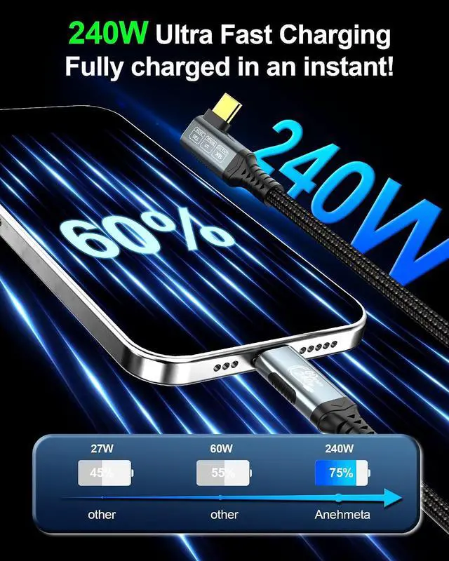 Alt view image 3 of 7 - 80Gbps Right Angle USB 4 Cable for Thunderbolt 5 Cable 6.6FT, 240W Charging, Up to 120Gbps Bandwidth for 16K/Dual 8K, Braided USB C to USB C Cable for Thunderbolt 4, Macbook Pro, iPhone 17, SSD
