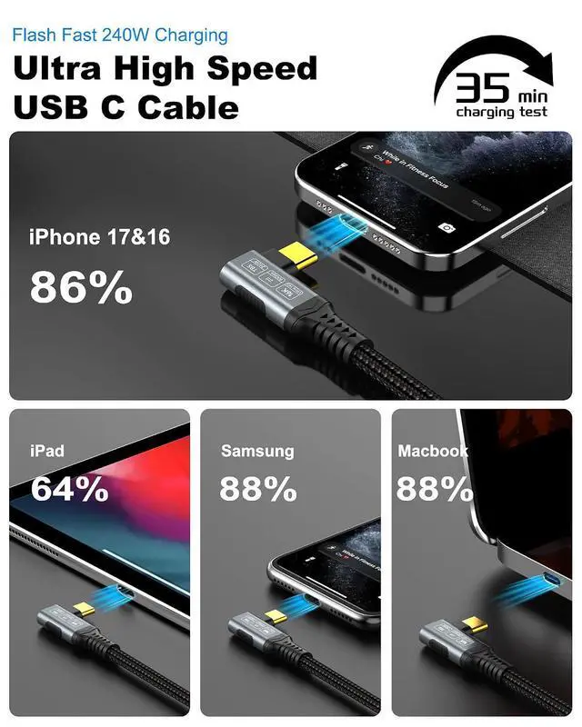 Alt view image 6 of 7 - 80Gbps Right Angle USB 4 Cable for Thunderbolt 5 Cable 6.6FT, 240W Charging, Up to 120Gbps Bandwidth for 16K/Dual 8K, Braided USB C to USB C Cable for Thunderbolt 4, Macbook Pro, iPhone 17, SSD