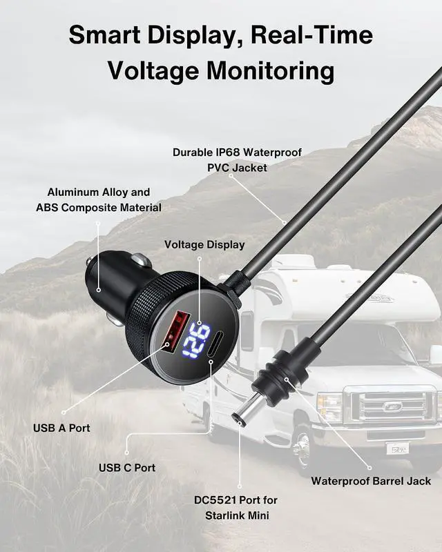 Alt view image 3 of 7 - Car Charger Cable for Starlink Mini 16.5FT/5M with Display - 60W DC + 33W Dual USB-C/USB-A Power Adapter for Trucks, RVs & Boats, 12-24V Aluminum 18AWG Cord with Real-Time Voltage Monitoring