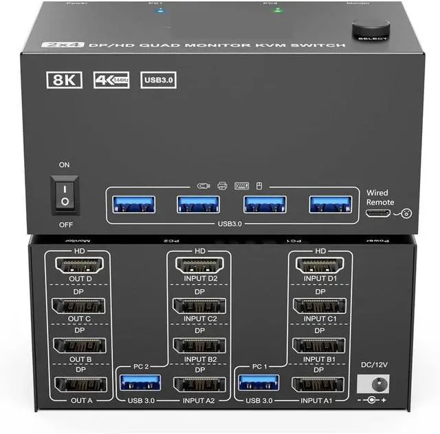 Main image of Switcher 4 Monitors 2, USB 3.0 HDMI+DisplayPort Quad Monitor for 2 Computers to Share 4 Monitors 4USB (204 1H3D)