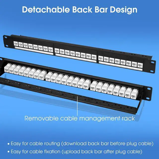 Alt view image 2 of 7 - 24 Port Keystone Patch Panel, 1U 19-inch RJ45 Network Patch Panel with Back Bar, Loaded with 24 Cat6 Couplers (White)