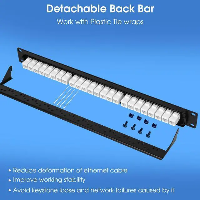 Alt view image 3 of 7 - 24 Port Keystone Patch Panel, 1U 19-inch RJ45 Network Patch Panel with Back Bar, Loaded with 24 Cat6 Couplers (White)