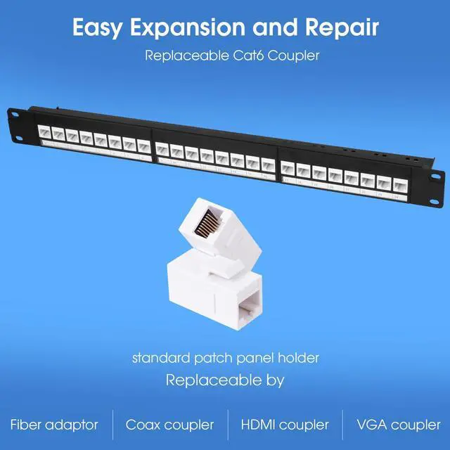 Alt view image 5 of 7 - 24 Port Keystone Patch Panel, 1U 19-inch RJ45 Network Patch Panel with Back Bar, Loaded with 24 Cat6 Couplers (White)