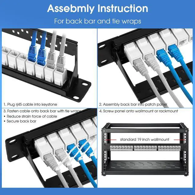 Alt view image 4 of 7 - 24 Port Keystone Patch Panel, 1U 19-inch RJ45 Network Patch Panel with Back Bar, Loaded with 24 Cat6 Couplers (White)