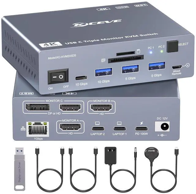 Main image of Thunderbolt 4 KVM Switch 3 Monitors 2 Laptops USB C 4K@60Hz,USB C KVM Switch Displaylink Docking Station for Windows Mac M1-M5, Extended Triple Displays,PD 100W,USB 3.0,USB 3.2,SD/TF,1G Ethernet