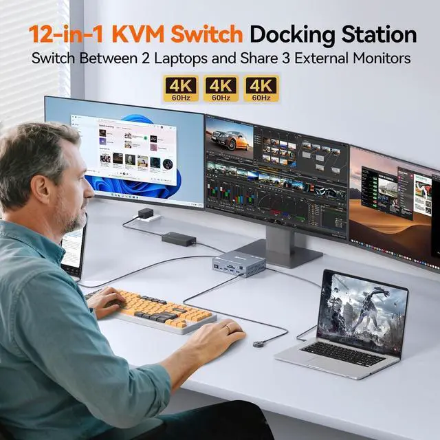 Alt view image 2 of 7 - Thunderbolt 4 KVM Switch 3 Monitors 2 Laptops USB C 4K@60Hz,USB C KVM Switch Displaylink Docking Station for Windows Mac M1-M5, Extended Triple Displays,PD 100W,USB 3.0,USB 3.2,SD/TF,1G Ethernet