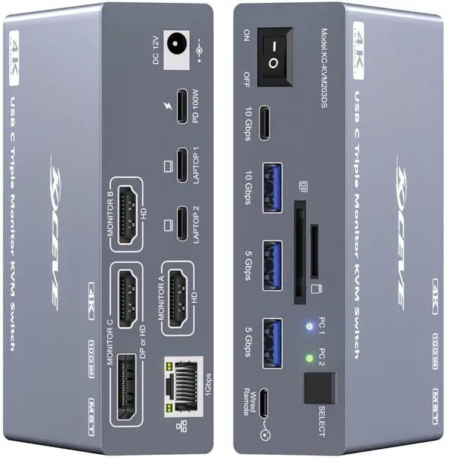 Main image of Thunderbolt 4 KVM Switch 3 Monitors 2 Laptops 4K@60Hz, Displaylink USB C Docking Station 3 Monitor KVM for Windows Mac M1 M2 M3 M4, Extended Triple Displays,PD 100W,USB 3.0,USB 3.2,SD/TF,1G Ethernet