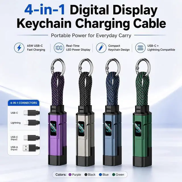 Alt view image 2 of 7 - 4-in-1 Digital Display Keychain Charging Cable, 65W USB C Fast Charging Short Cord, Portable Multi Charger Key Ring for iPhone, iPad, Samsung, USB C Devices, Tablets, Laptops (4Pcs)