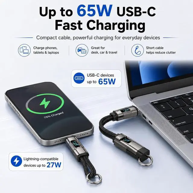 Alt view image 3 of 7 - 4-in-1 Digital Display Keychain Charging Cable, 65W USB C Fast Charging Short Cord, Portable Multi Charger Key Ring for iPhone, iPad, Samsung, USB C Devices, Tablets, Laptops (4Pcs)