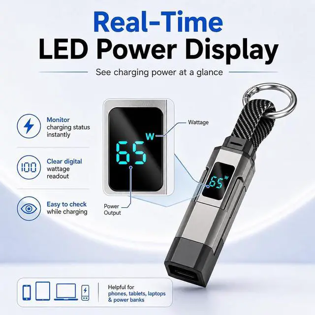 Alt view image 4 of 7 - 4-in-1 Digital Display Keychain Charging Cable, 65W USB C Fast Charging Short Cord, Portable Multi Charger Key Ring for iPhone, iPad, Samsung, USB C Devices, Tablets, Laptops (4Pcs)