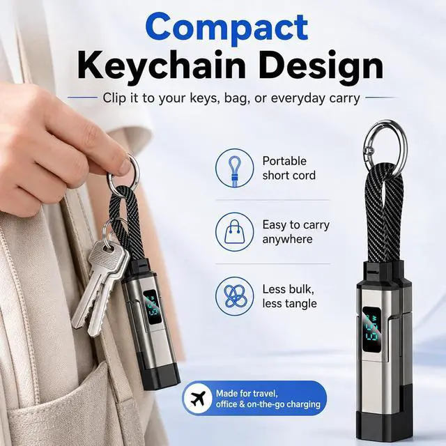 Alt view image 6 of 7 - 4-in-1 Digital Display Keychain Charging Cable, 65W USB C Fast Charging Short Cord, Portable Multi Charger Key Ring for iPhone, iPad, Samsung, USB C Devices, Tablets, Laptops (4Pcs)
